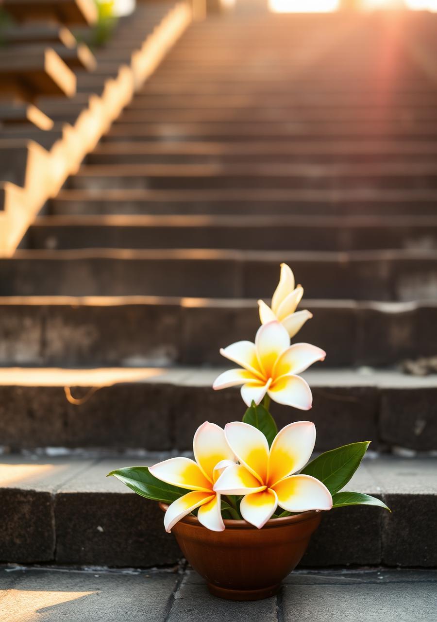 Frangipani offering on a temple step